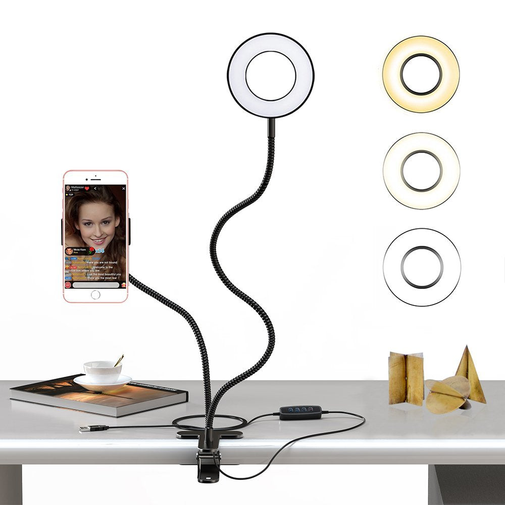 Selfie Ring Light with Cell Phone Holder Stand for Live Stream/Makeup Bcway Clip Lazy Bracket for iPhone/Android LED Desk Lamp for Kitchen Bedroom - zorrlla