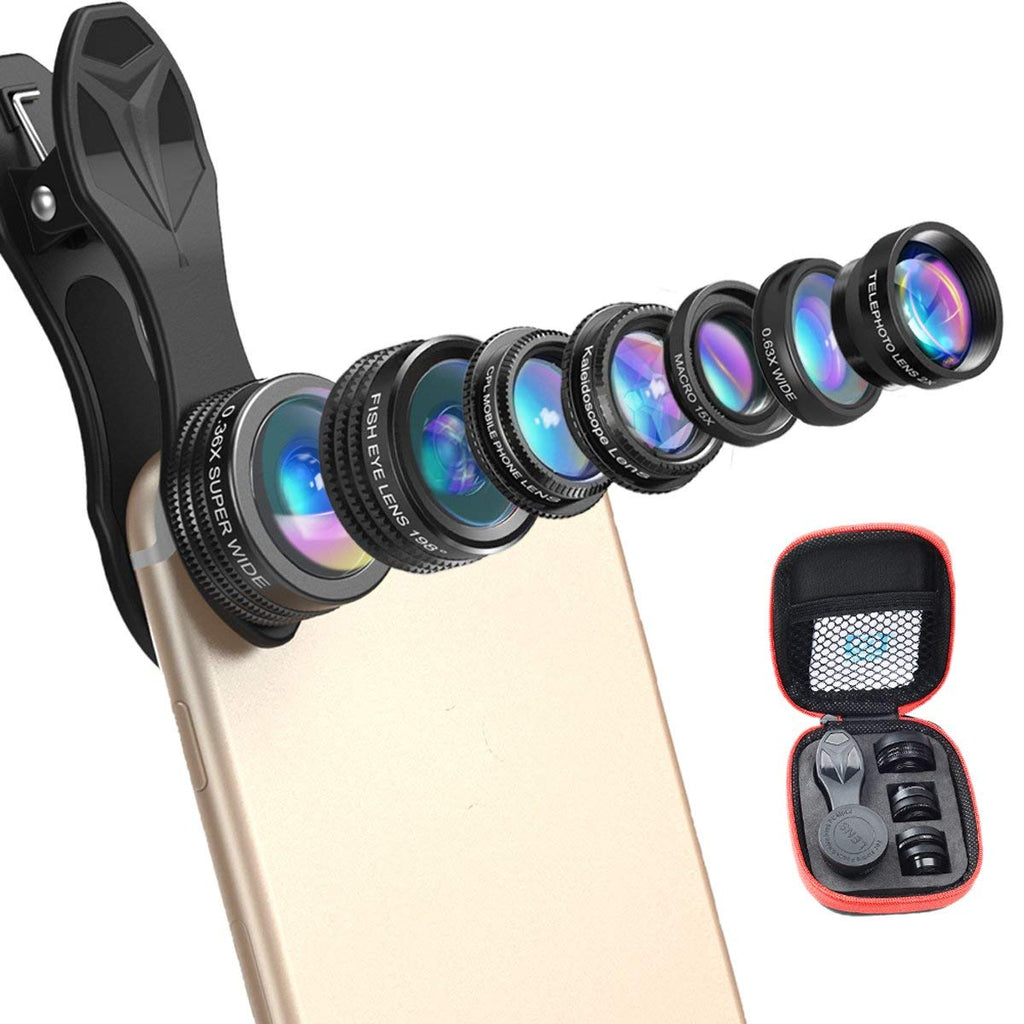 Zorrlla APEXEL 7 in 1 Universal Clip-On Cell Phone Camera Lens Kit, Professional HD Zoom Telephoto Lens + Fisheye + Wide Angle + Macro Lens + CPL Lens + Kaleidoscope Lens + 0.36X Super Wide Lens - zorrlla