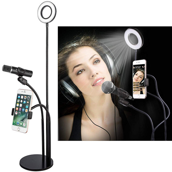 3 in 1 Broadcast Mic Stand With Selfie Ring Light Cellphone Stand Microphone Holder for Live Stream 3 Light Color with Adjustment Gooseneck Weigted Base For iPhone X,8 Samsung S9 Note 8 - zorrlla